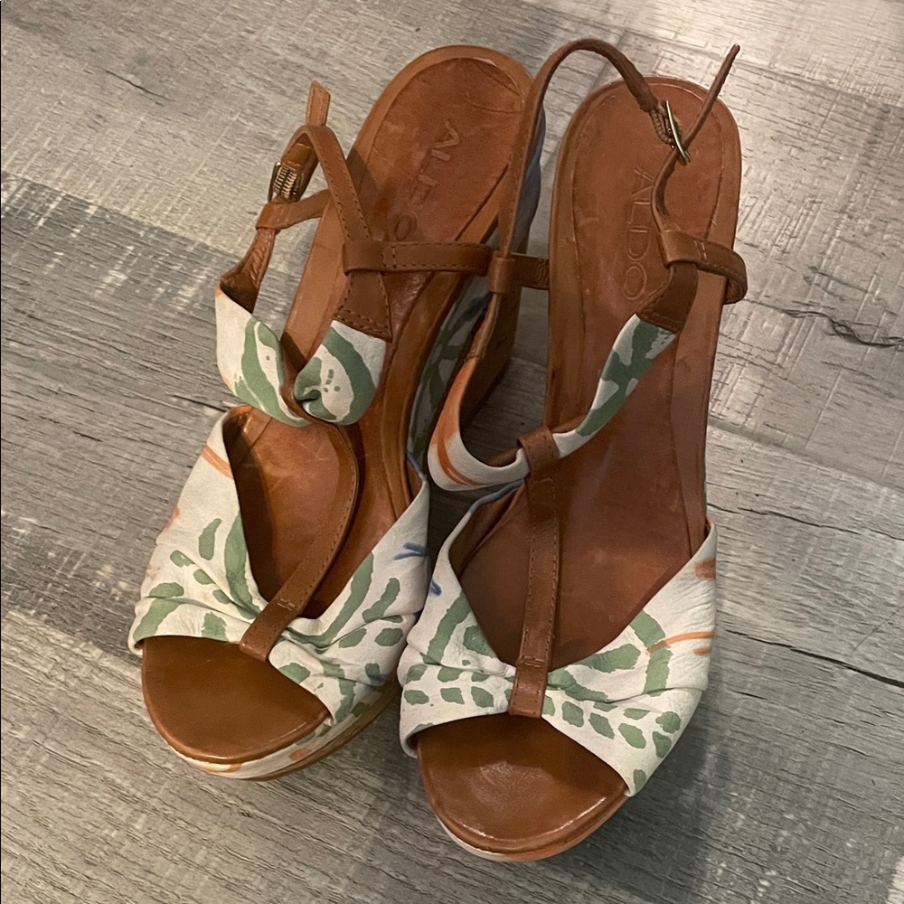 Aldo Brown Leather & Printed Canvas Wedge Sandals with Green Accent